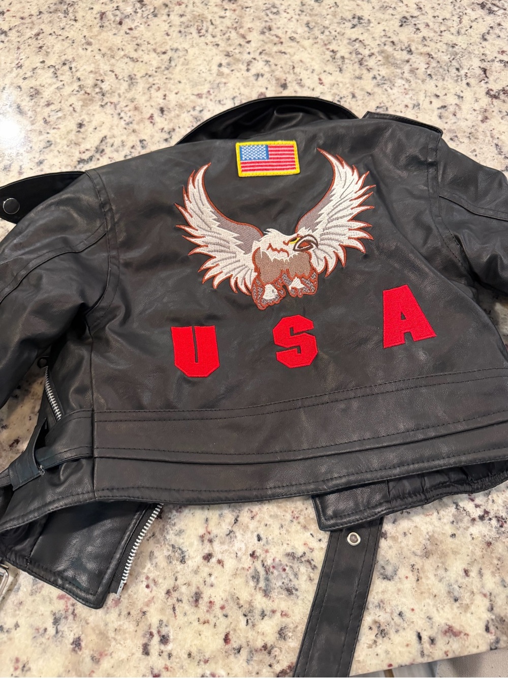 Habitat Black Faux Leather Moto Jacket with Red Star Accents